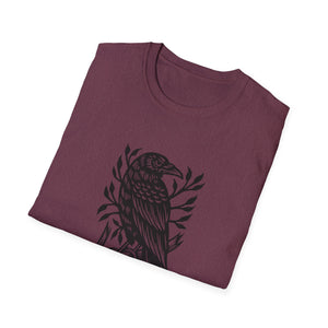 Perched Raven Linocut Graphic on Gildan Softstyle Cotton Tshirt