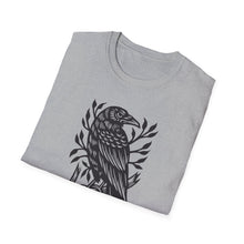 Load image into Gallery viewer, Perched Raven Linocut Graphic Artwork on Gildan Unisex Softstyle T-Shirt