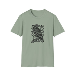 Perched Raven Linocut Graphic on Gildan Softstyle Cotton Tshirt