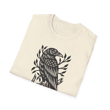 Load image into Gallery viewer, Perched Raven Linocut Graphic Artwork on Gildan Unisex Softstyle T-Shirt