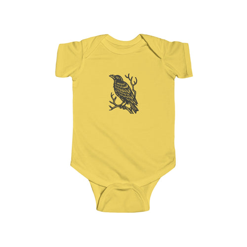 Little Raven Baby Onesie - Bird Linocut Baby Bodysuit - Infant Fine Jersey Bodysuit