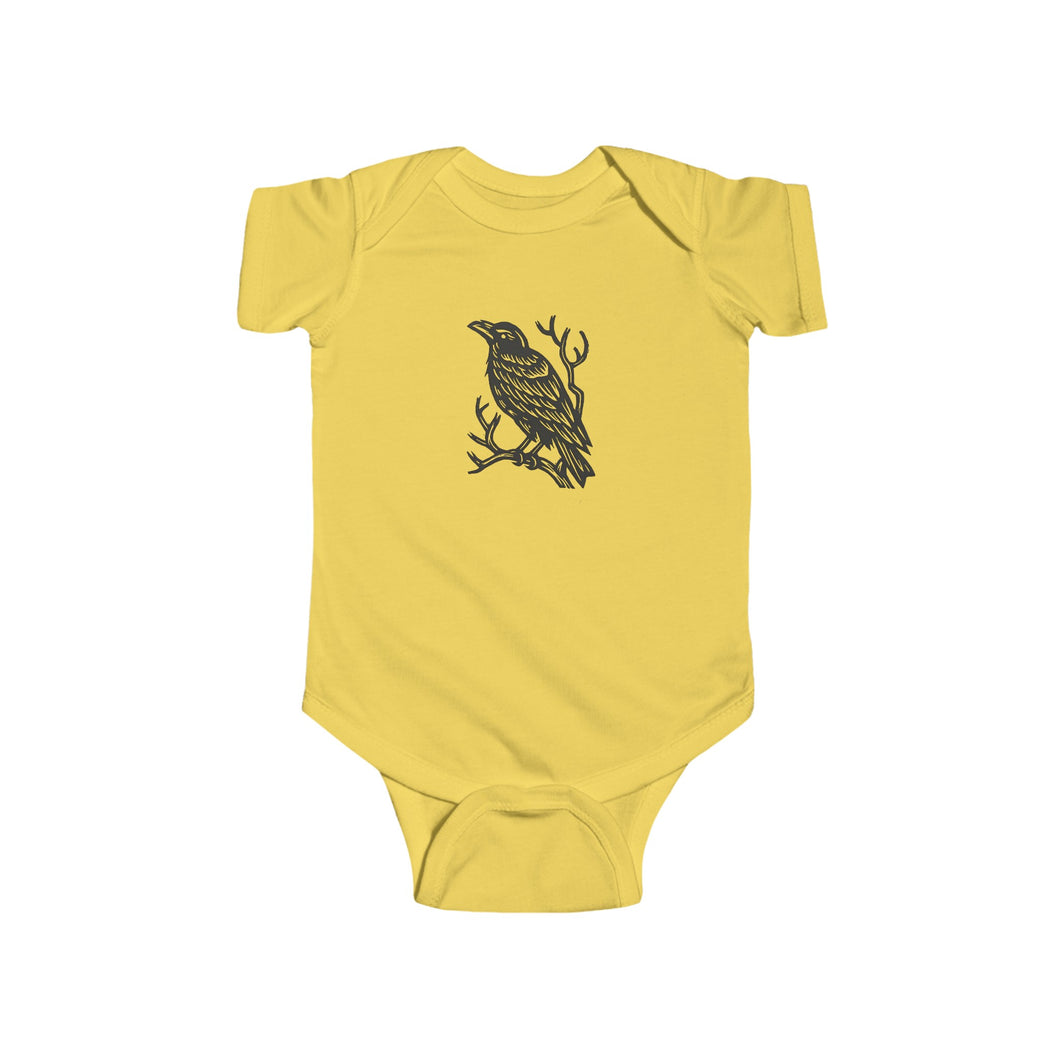 Little Raven Baby Onesie - Bird Linocut Baby Bodysuit - Infant Fine Jersey Bodysuit