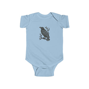 Little Raven Baby Onesie - Bird Linocut Baby Bodysuit - Infant Fine Jersey Bodysuit