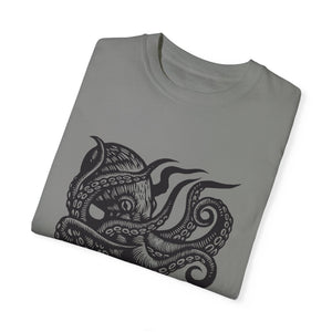 Octopus Linocut Graphic T-shirt - Octopus Graphic Tee - Octopus Shirt - Unisex Garment-Dyed T-shirt