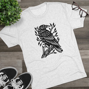 Perched Raven Linocut Graphic T-shirt - Bird T-shirt - Unisex Tri-Blend Tee - Bird Art T-shirt - Crow T-shirt