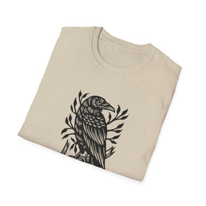 Perched Raven Linocut Graphic on Gildan Softstyle Cotton Tshirt