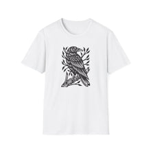 Load image into Gallery viewer, Perched Raven Linocut Graphic Artwork on Gildan Unisex Softstyle T-Shirt