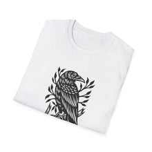 Load image into Gallery viewer, Perched Raven Linocut Graphic on Gildan Softstyle Cotton Tshirt