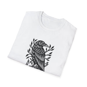 Perched Raven Linocut Graphic on Gildan Softstyle Cotton Tshirt