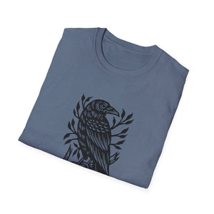 Perched Raven Linocut Graphic on Gildan Softstyle Cotton Tshirt