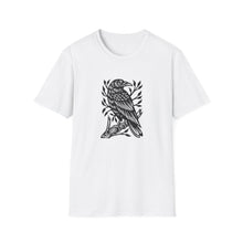 Load image into Gallery viewer, Perched Raven Linocut Graphic on Gildan Softstyle Cotton Tshirt