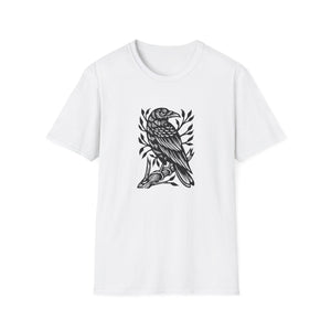 Perched Raven Linocut Graphic on Gildan Softstyle Cotton Tshirt