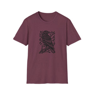 Perched Raven Linocut Graphic on Gildan Softstyle Cotton Tshirt