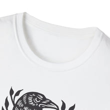 Load image into Gallery viewer, Perched Raven Linocut Graphic Artwork on Gildan Unisex Softstyle T-Shirt