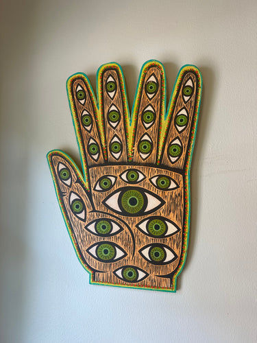Hand with Eyes, Super Hamsa, mixed media, woodcut wall art
