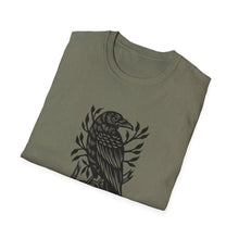 Load image into Gallery viewer, Perched Raven Linocut Graphic on Gildan Softstyle Cotton Tshirt