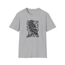 Load image into Gallery viewer, Perched Raven Linocut Graphic Artwork on Gildan Unisex Softstyle T-Shirt