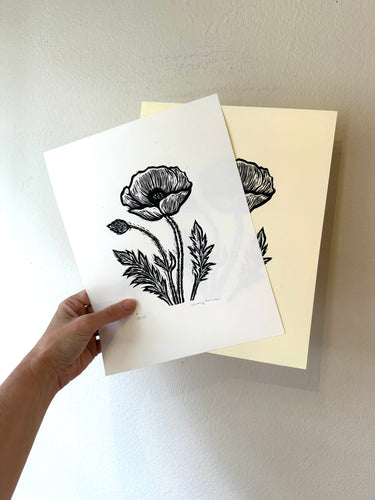 Poppy Flower Hand Printed Linocut Art Print