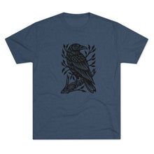 Load image into Gallery viewer, Perched Raven Linocut Graphic T-shirt - Bird T-shirt - Unisex Tri-Blend Tee - Bird Art T-shirt - Crow T-shirt