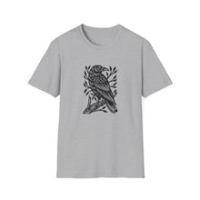 Load image into Gallery viewer, Perched Raven Linocut Graphic on Gildan Softstyle Cotton Tshirt