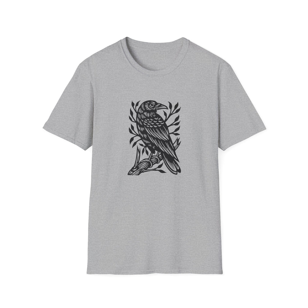 Perched Raven Linocut Graphic on Gildan Softstyle Cotton Tshirt