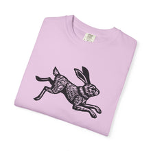 Load image into Gallery viewer, Rabbit Linocut Graphic Unisex Garment-Dyed Cotton Adult T-shirt - Printed to Garment on Demand - Easter Apparel