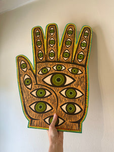 Hand with Eyes, Super Hamsa, mixed media, woodcut wall art