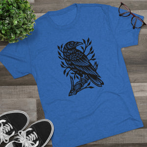 Perched Raven Linocut Graphic T-shirt - Bird T-shirt - Unisex Tri-Blend Tee - Bird Art T-shirt - Crow T-shirt