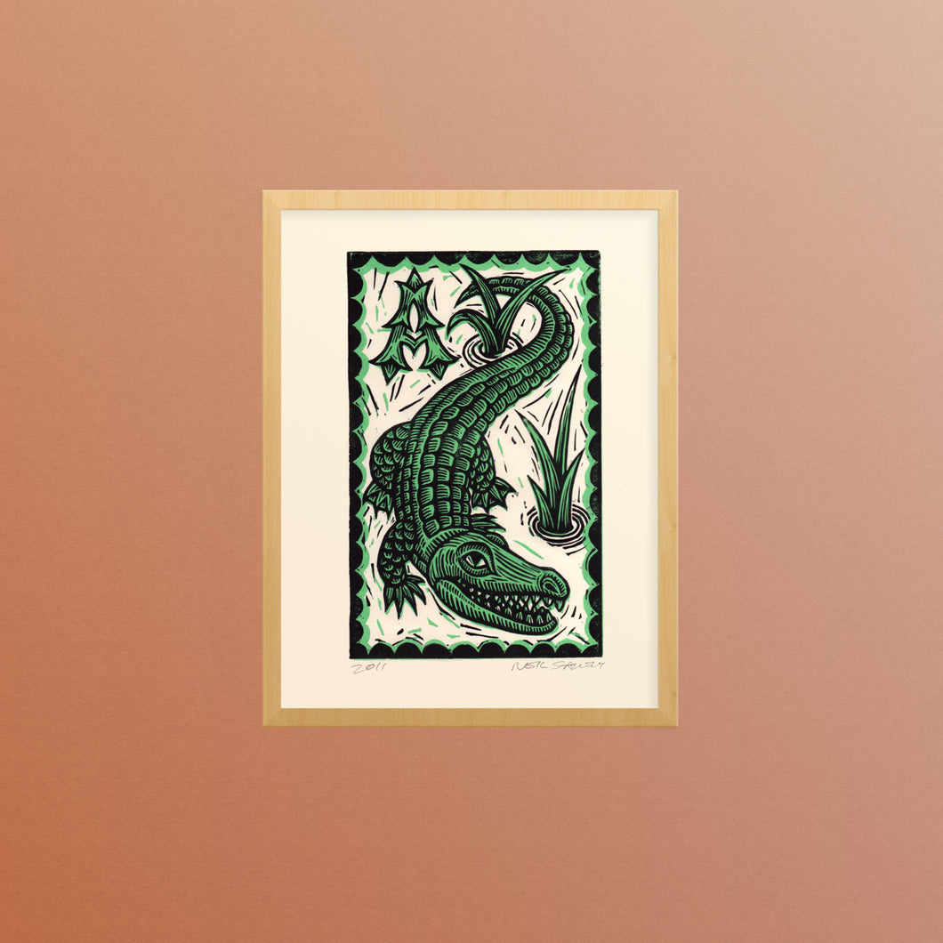 Alligator Linocut in Frame