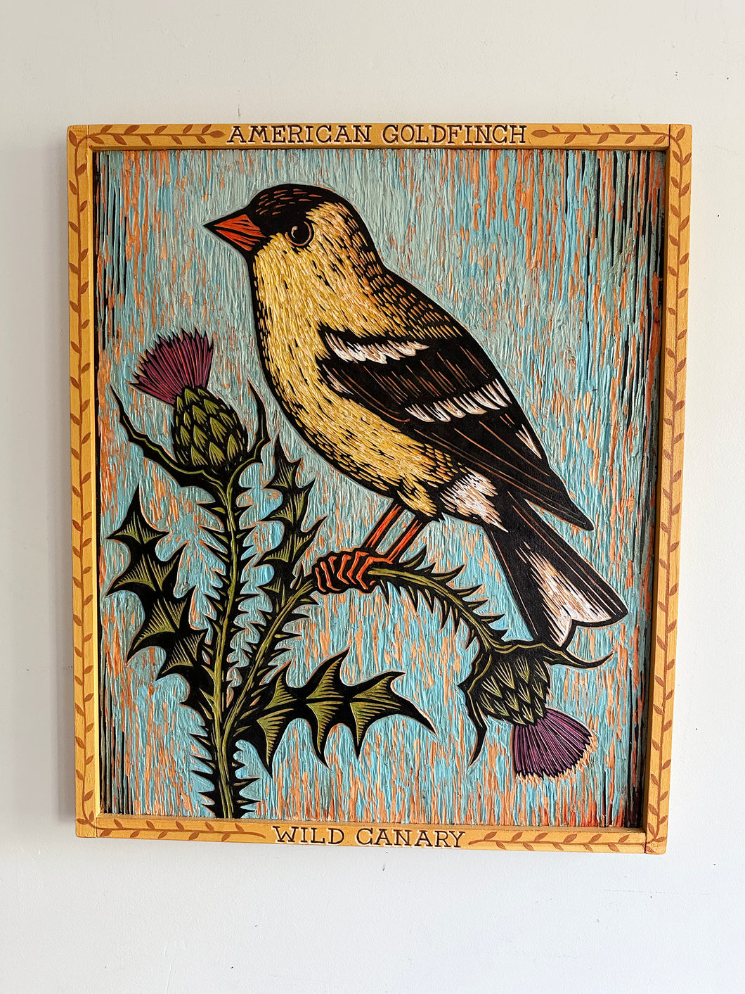 American Goldfinch Bird Original Carved Wood Painting