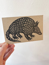 Load image into Gallery viewer, Linocut Armadillo Postcard - Armadillo Linocut Letterpress Postcard - Stationery - Cards - Paper Chipboard - Animal Linocut Cards