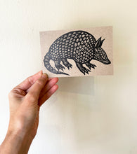 Load image into Gallery viewer, Linocut Armadillo Postcard - Armadillo Linocut Letterpress Postcard - Stationery - Cards - Paper Chipboard - Animal Linocut Cards
