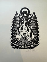 Load image into Gallery viewer, Campfire Linocut Art Print - 8.5”x11” Wall Art - Camping Art - Outdoor Nature Art