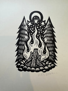 Campfire Linocut Art Print - 8.5”x11” Wall Art - Camping Art - Outdoor Nature Art