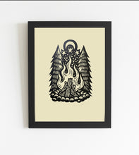 Load image into Gallery viewer, Campfire Linocut Art Print in frame