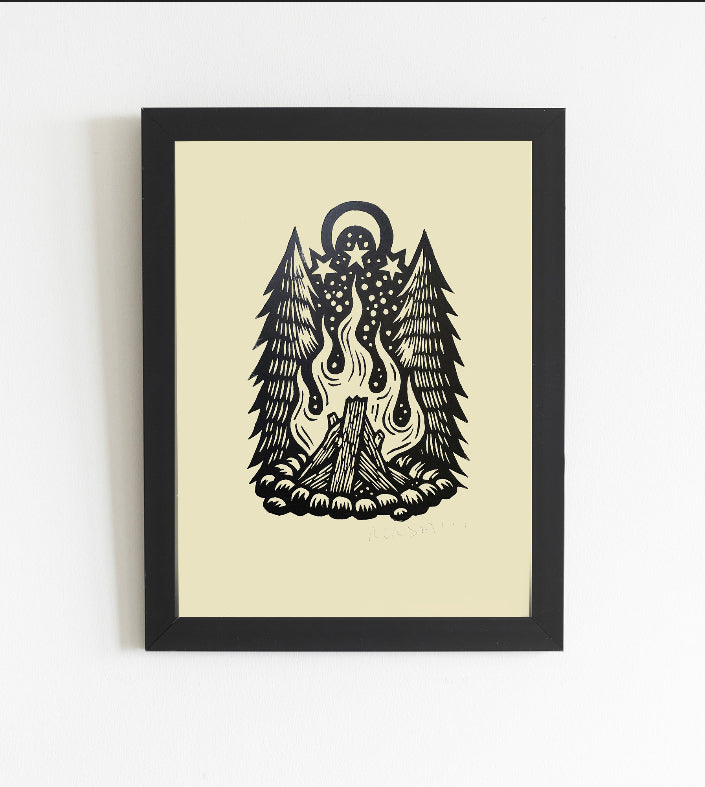 Campfire Linocut Art Print in frame