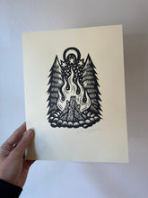 Load image into Gallery viewer, Campfire Linocut Art Print in Hand