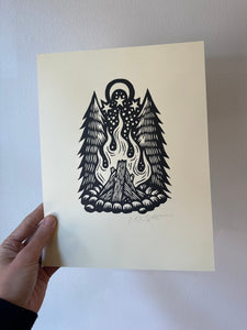 Campfire Linocut Art Print in Hand