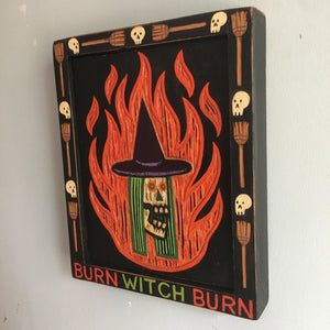 Burn Witch Burn Original Carved Wood Painting - Skull Art