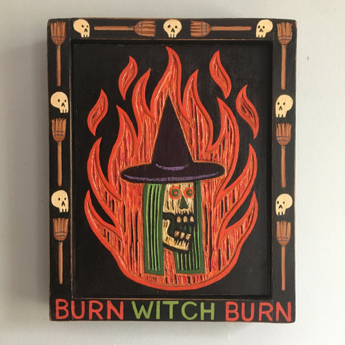 Burn Witch Burn Original Carved Wood Painting - Skull Art