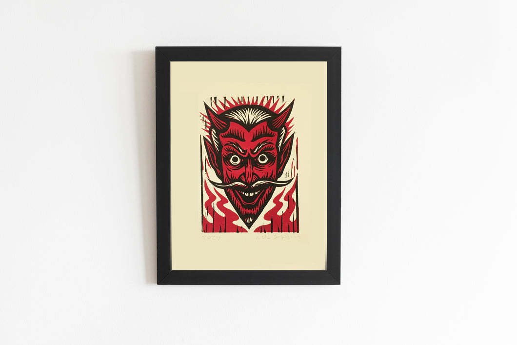 Devil Linocut Art Print - Goth Home Decor - Weirdcore - Block Prints - Halloween Gift - Horror Art