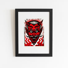 Load image into Gallery viewer, Devil Art Linocut on White Paper shown in frame