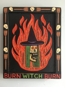 Burn Witch Burn Original Carved Wood Painting - Skull Art