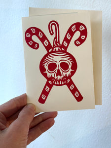 Alternative Christmas Cards - Skull Cards - Holiday Card Sets - Weird Holiday Cards - Skull Ornament with crossed Candy Canes - 4x6 Cards
