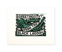Load image into Gallery viewer, Greetings from the Black Lagoon Creature Linocut Art Print