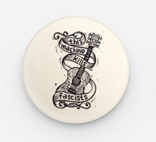 Load image into Gallery viewer, This Machine Kills Fascists Woody Guthrie Button - Guitar Button - Pins - Buttons - Music Button - Political Button - Linocut Art Button