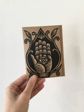 Load image into Gallery viewer, Hand of Fatima Linocut Hand Printed Card - Eye in Hand - Hamsa Greeting Card - Blank Greeting Card - Get Well Card - Housewarming Card