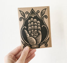 Load image into Gallery viewer, Hand of Fatima Linocut Hand Printed Card - Eye in Hand - Hamsa Greeting Card - Blank Greeting Card - Get Well Card - Housewarming Card