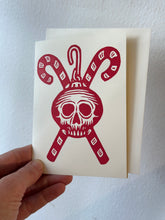 Load image into Gallery viewer, Alternative Christmas Cards - Skull Cards - Holiday Card Sets - Weird Holiday Cards - Skull Ornament with crossed Candy Canes - 4x6 Cards