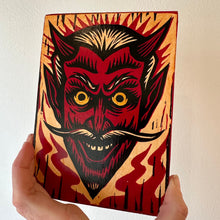 Load image into Gallery viewer, Devil Linocut Art Print on Wood - Goth Home Decor - Weirdcore - Block Prints - Halloween Gift - Horror Art